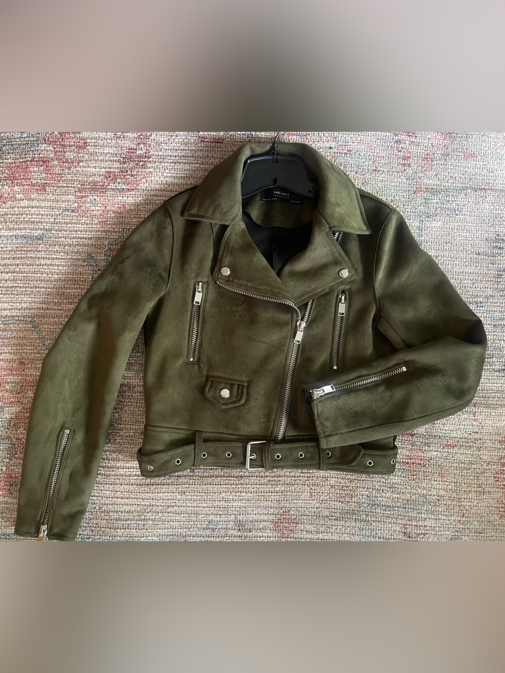 Zara Olive Green Suede Moto Jacket with Silver Hardware